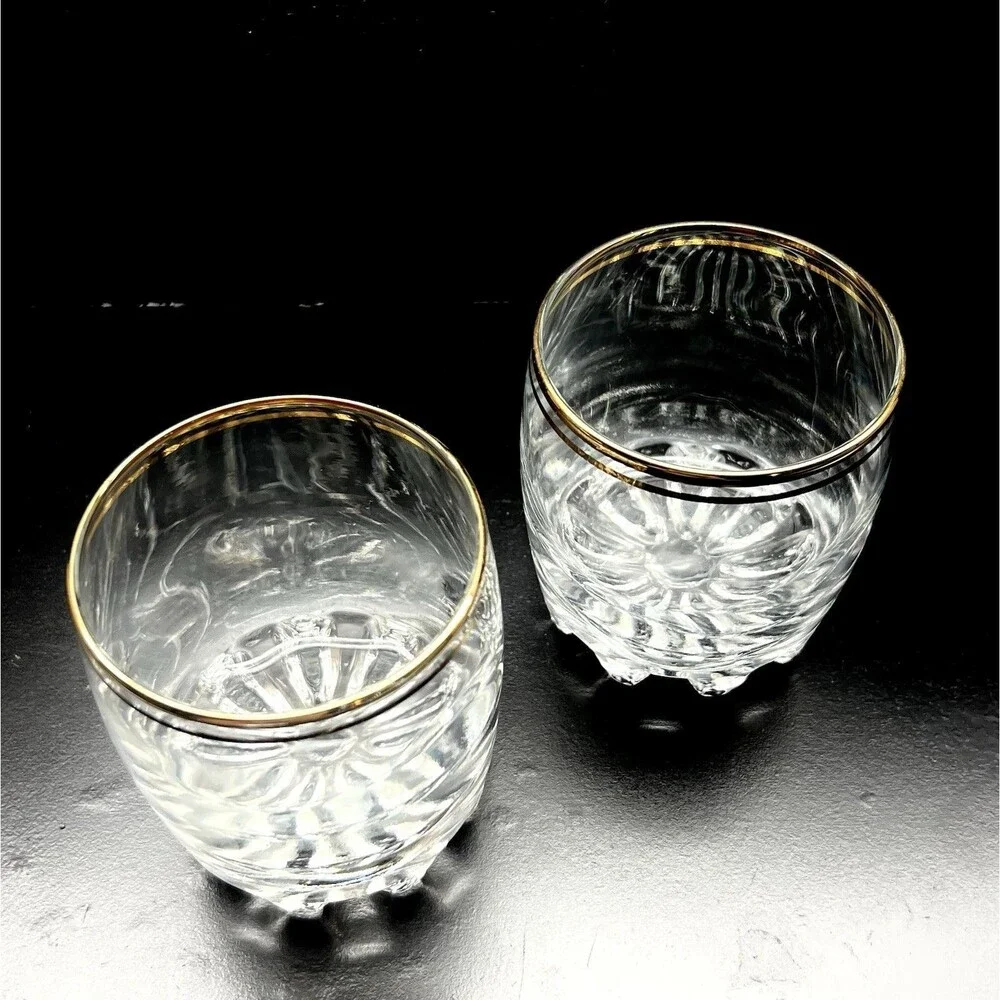 Vintage MCM Old Fashion Rocks Whiskey Glasses Gold Rim Set 2
